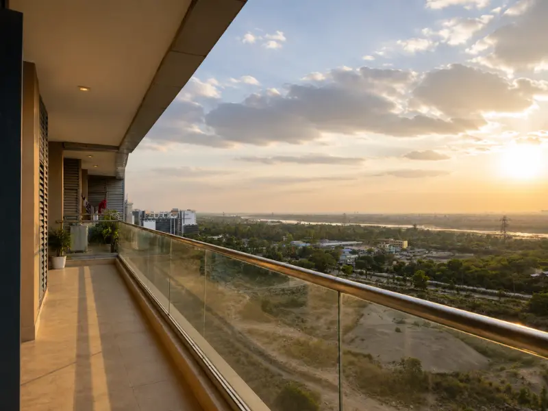 Balcony with Noida Expressway skyline view from 2 BHK apartment for sale at Nova Residences, Sector 94