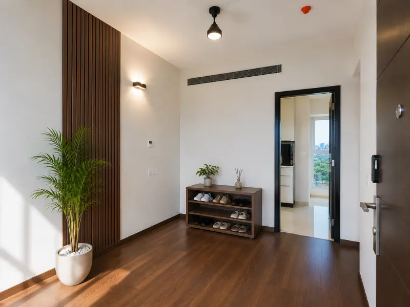 Entrance foyer with wooden flooring — 2 BHK apartment for sale at Nova Residences, Supernova Sector 94 Noida