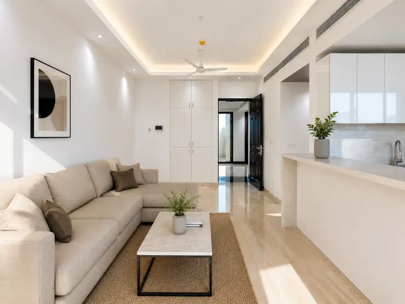 Spacious living room with sofa — 2 BHK apartment for sale at Nova Residences, Supernova Sector 94 Noida