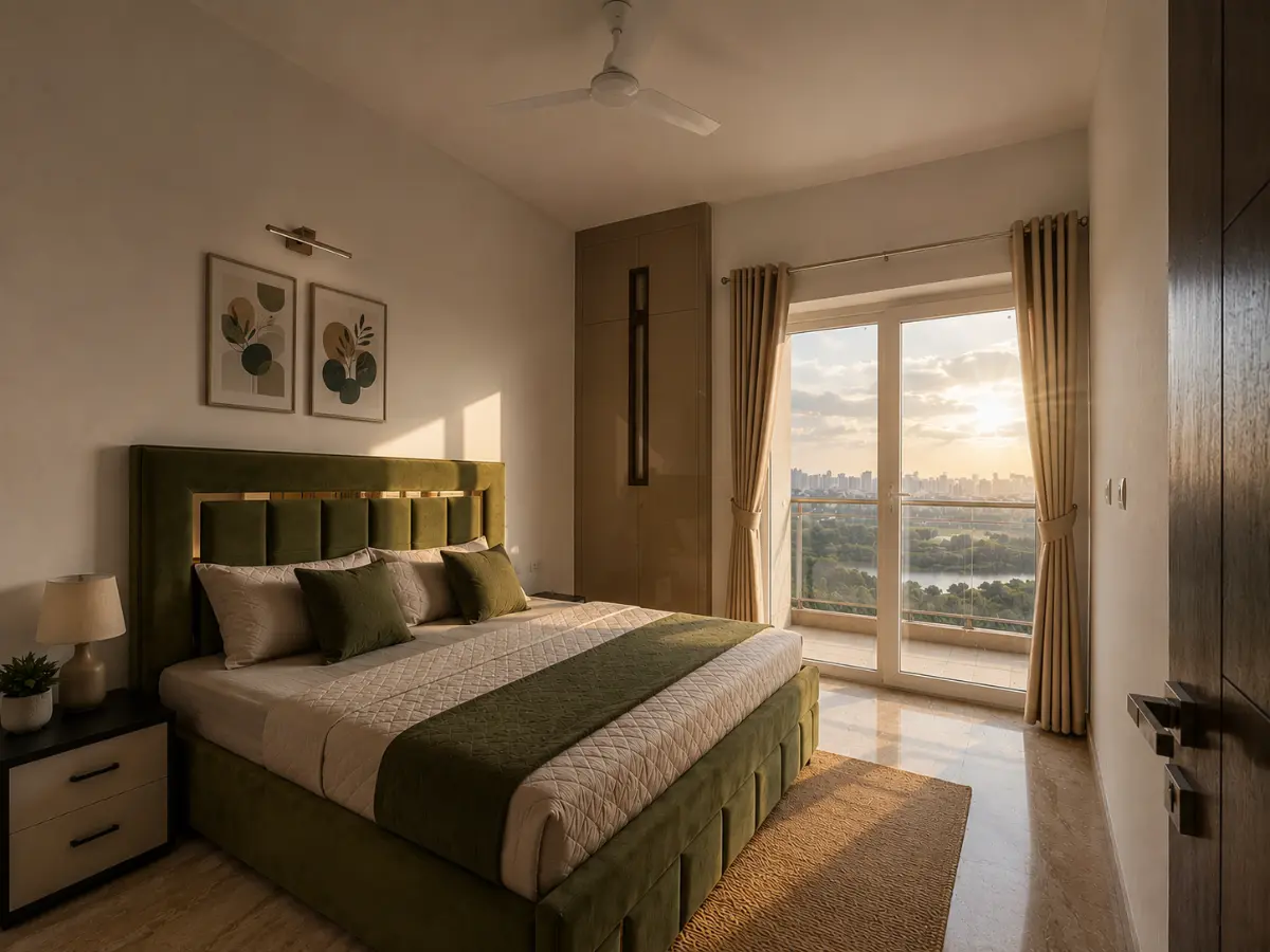 Master bedroom with balcony city view — 2 BHK apartment for sale at Nova Residences, Supertech Supernova, Sector 94 Noida