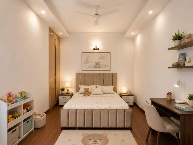Second bedroom with wardrobe and shelving in 2 BHK apartment for sale at Nova Residences, Supernova Sector 94
