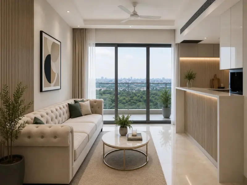 Living room with balcony view in 3 BHK apartment for rent at Nova Residences, Supernova Sector 94 Noida