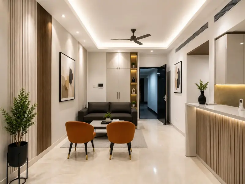 Furnished living and dining area in 3 BHK apartment for sale at Nova Residences, Supernova Sector 94 Noida