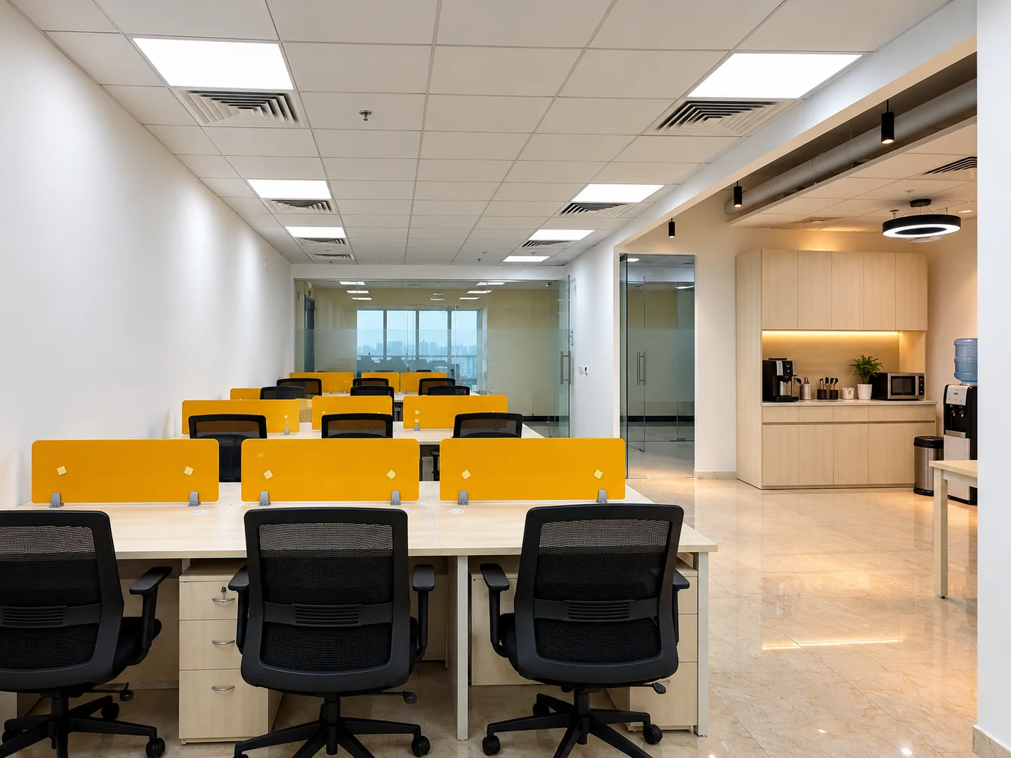 Workstations and pantry in the furnished office at Supernova Astralis, Sector 94 Noida