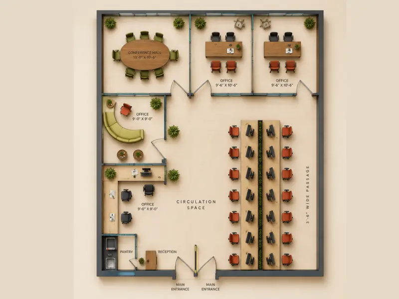 2500 sq ft office floor plan at Supernova Astralis — 2 cabins, 25 workstations, conference room