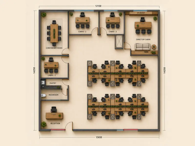 3400 sq ft office floor plan at Supernova Astralis — boardroom, 40 workstations, reception