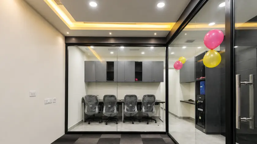 Reception and seating area of the 514 sq ft office at Supernova Astralis
