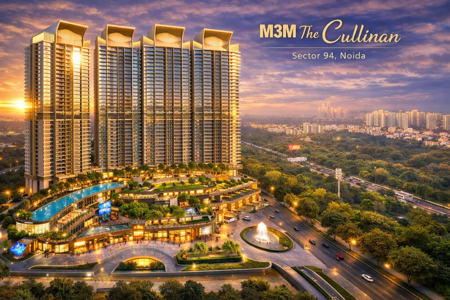 M3M The Cullinan ultra-luxury apartments Sector 94 Noida aerial view at sunlight
