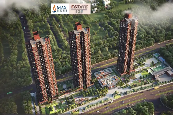 Luxury balcony view at Max Estate 128 Sector 128 Noida overlooking premium residential towers and city skyline