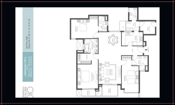 3BHK floor plan at Commonwealth Games Village Delhi — spacious family apartment with premium living and dining areas