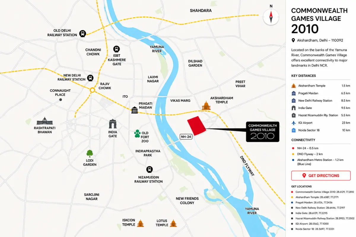 CWG Village location map — Akshardham East Delhi NH-24