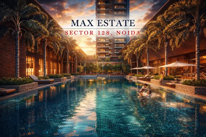 Infinity swimming pool and landscaped courtyard at Max Estates Estate 128 luxury residential project in Sector 128 Noida