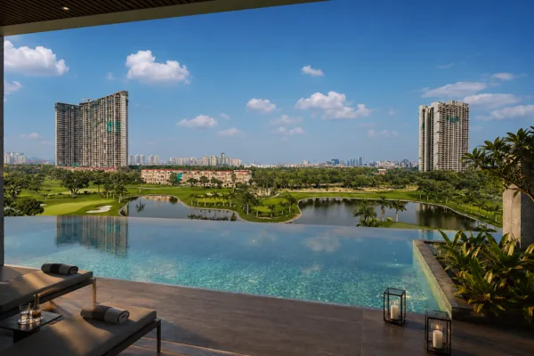 Infinity pool overlooking golf course at Kalpataru Vista Sector 128 Noida