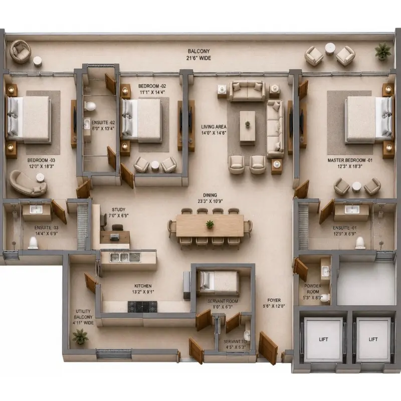 M3M The Cullinan 3 BHK Floor Plan
            3270 Sq Ft Sector 94 Noida