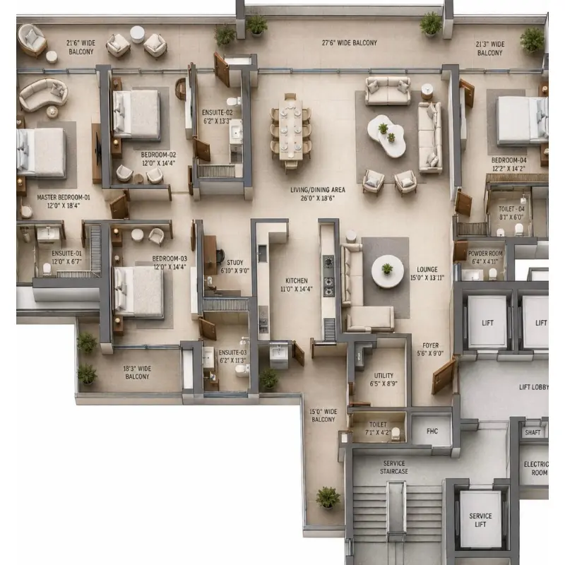 M3M The Cullinan 4 BHK Floor Plan
            4315 Sq Ft Sector 94 Noida