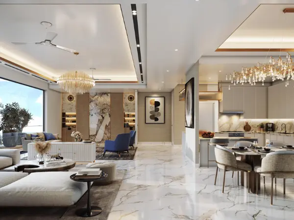 M3M The Cullinan Luxury
            Living Room with Modular Kitchen – Sector 94 Noida