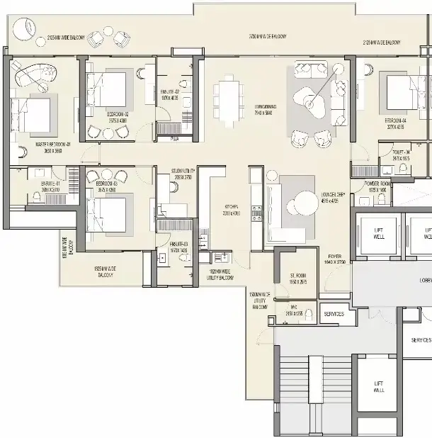 M3M Cullinan floor plan for 5 BHK ultra luxury apartment Noida Expressway featuring private balcony and lounge