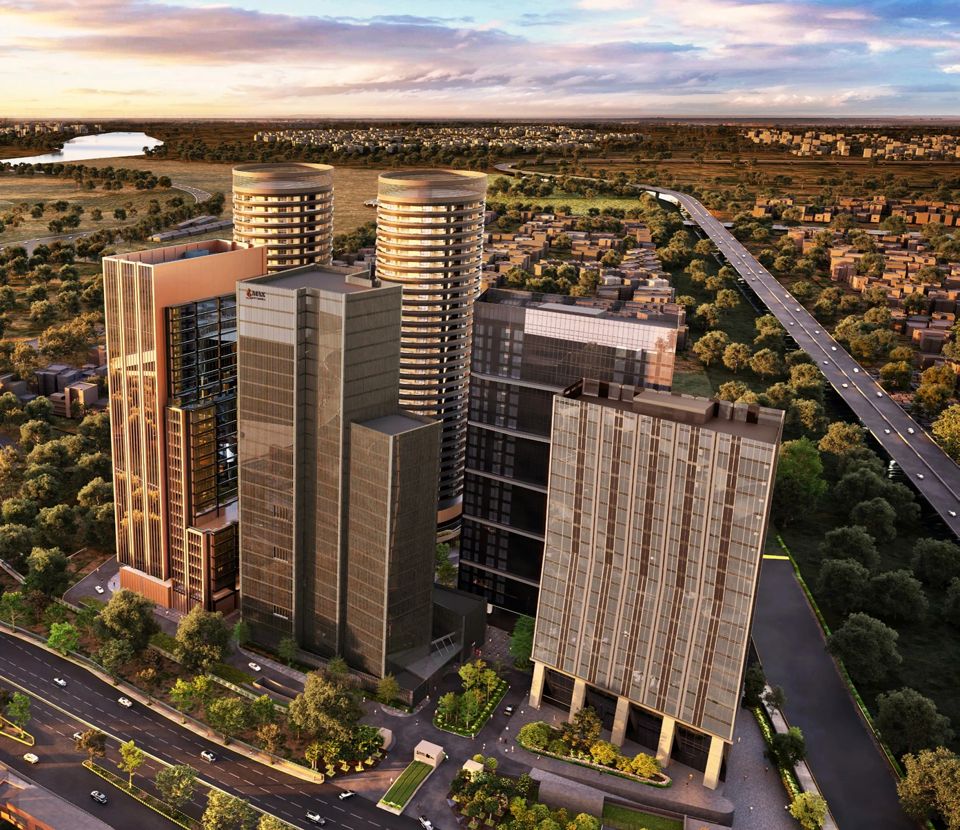 Max One Noida campus aerial view — mixed-use towers near DND Flyway Sector 16B