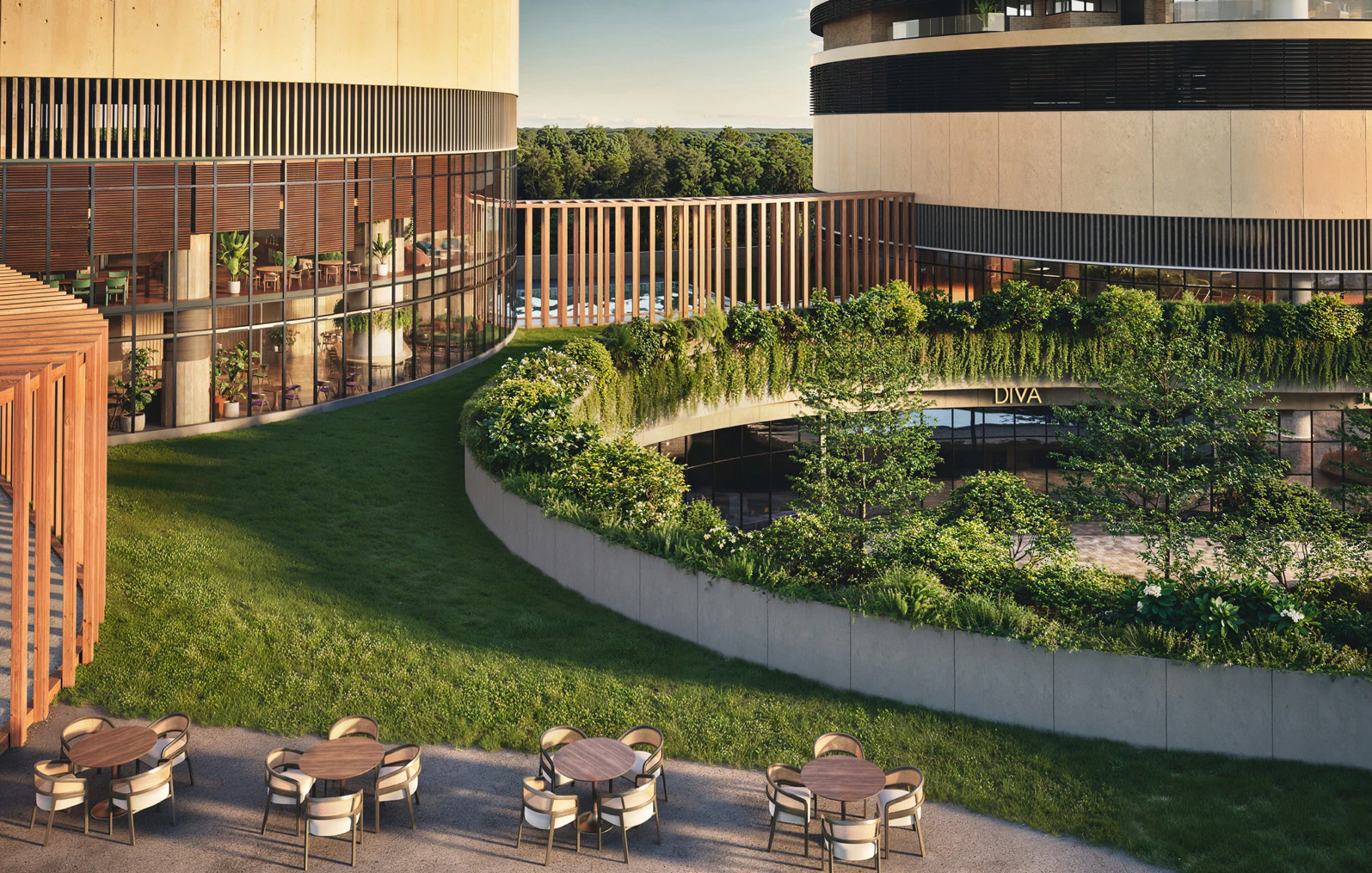 Max One Noida campus exterior — The Loop retail street with landscaped terraces