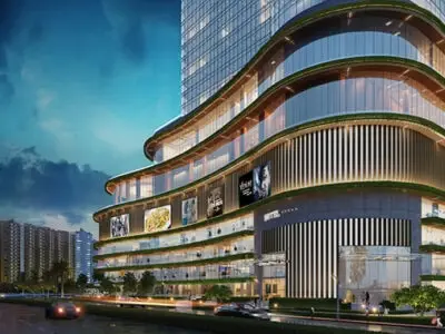 Exterior elevation view of Mahagun Medalleo luxury housing project in Sector 107 Noida with modern architectural design