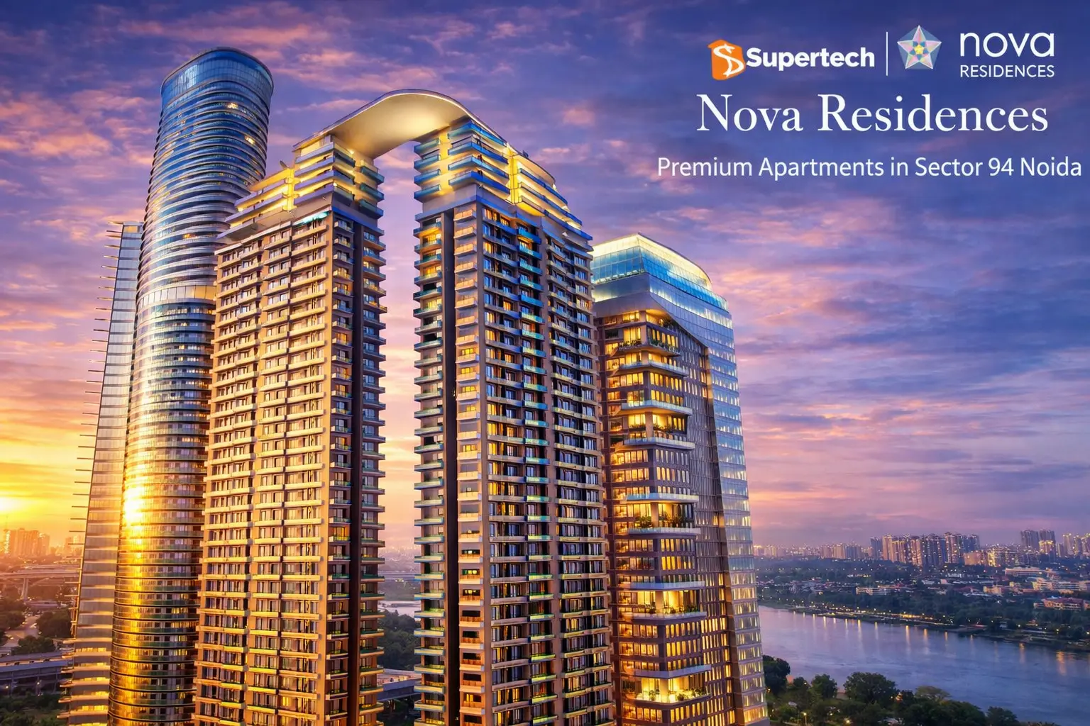 Modern high-rise premium apartments in Noida’s Sector 94 at sunset, showcasing the city’s evolution to sophisticated vertical living with luxury and connectivity.