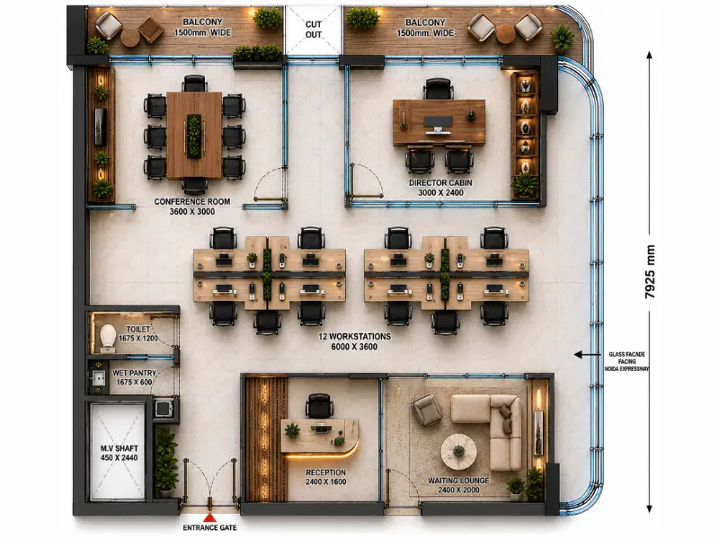 1780 sq ft office floor plan at Purvanchal Skyline Vista Sector 94 Noida