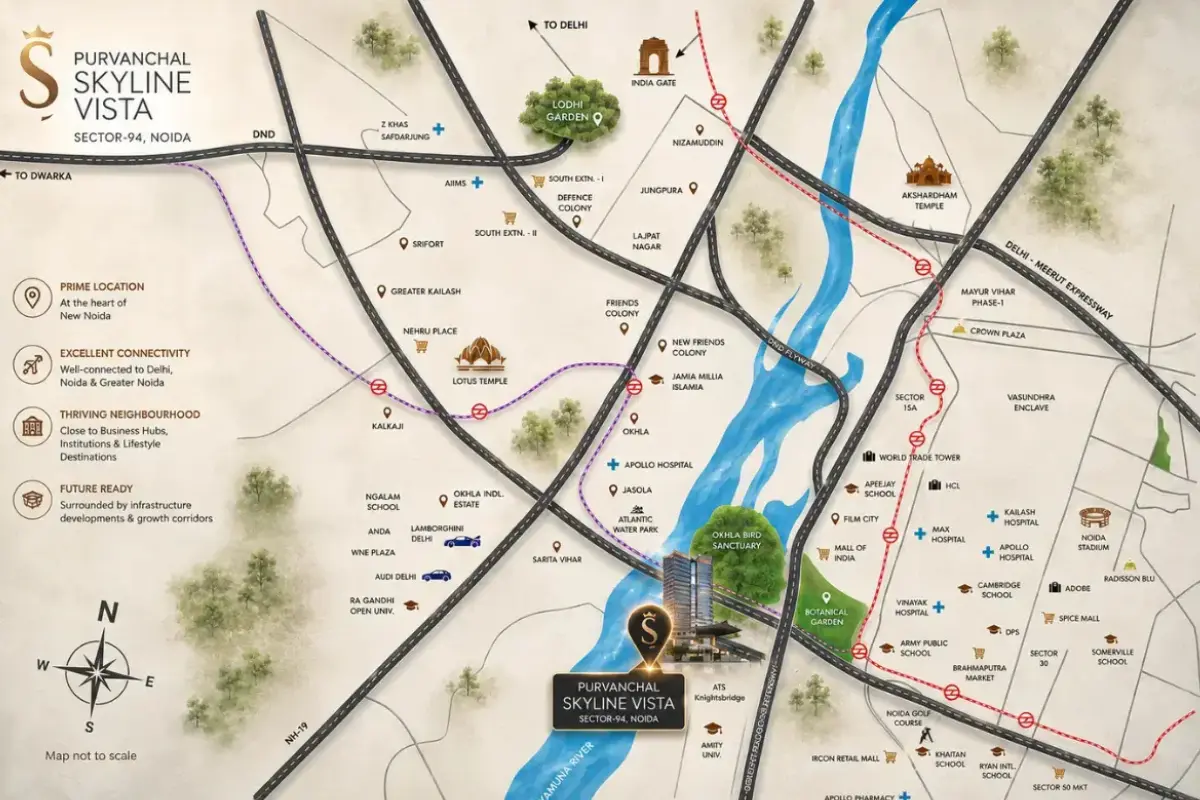 Location map of Purvanchal Skyline Vista showing DND, Botanical Garden metro and Jewar airport connectivity