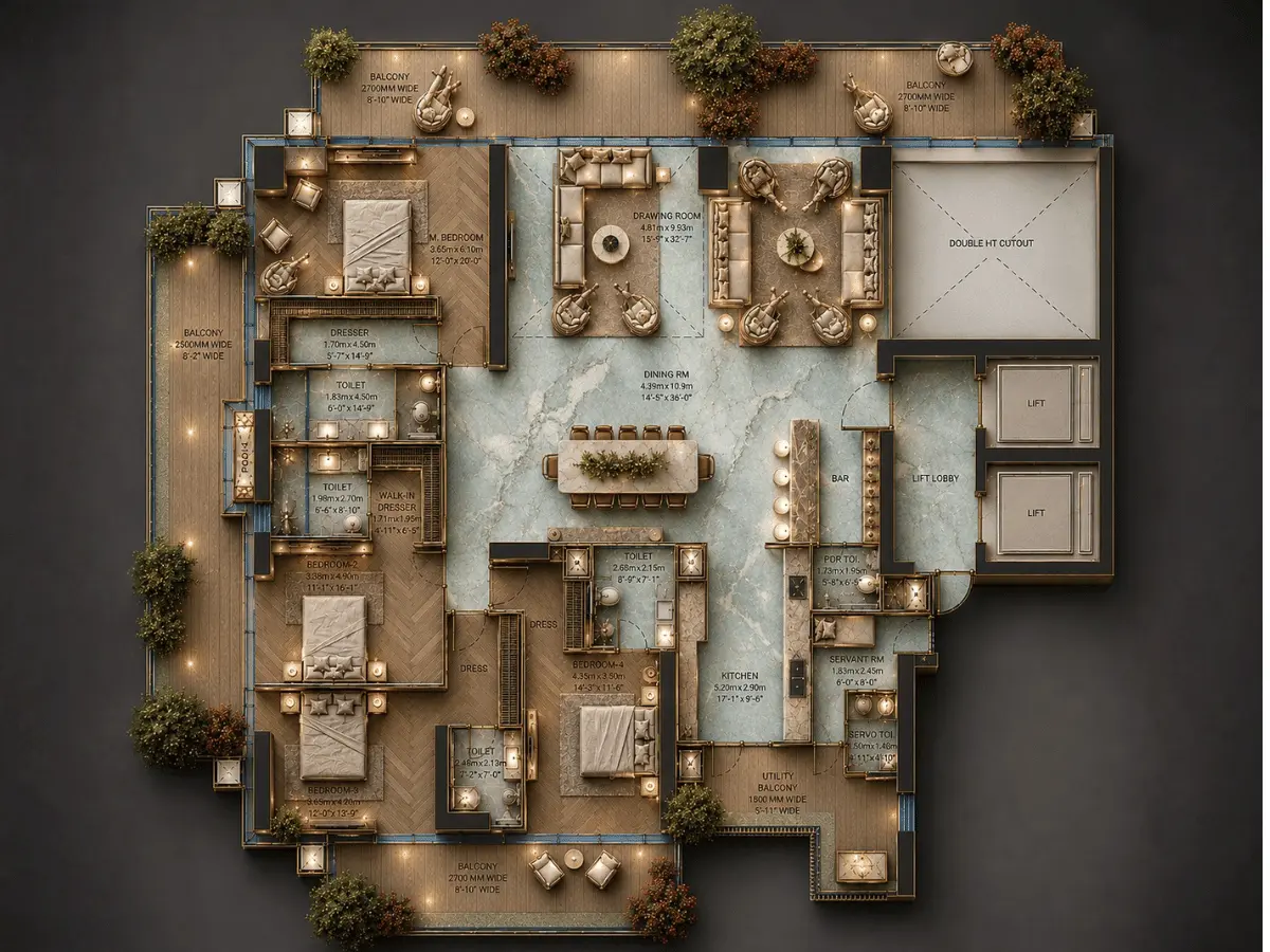 Trump Tower Noida 4 BHK Double Height floor plan — 5,685 sq ft with dramatic double-height living room, palatial entry, 4 bedrooms, 5 bathrooms, multiple balconies, floor-to-ceiling glass for 270° panoramic views | Sector 94 | M3M