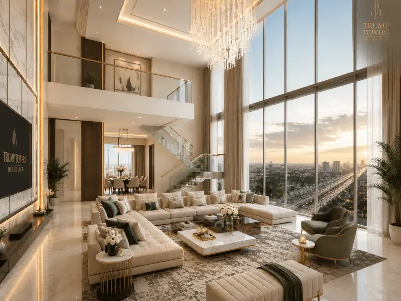 Trump Tower Noida 4 BHK Double Height Living — 5,685 sq ft with floor-to-ceiling glass, panoramic skyline views | Sector 94 | M3M