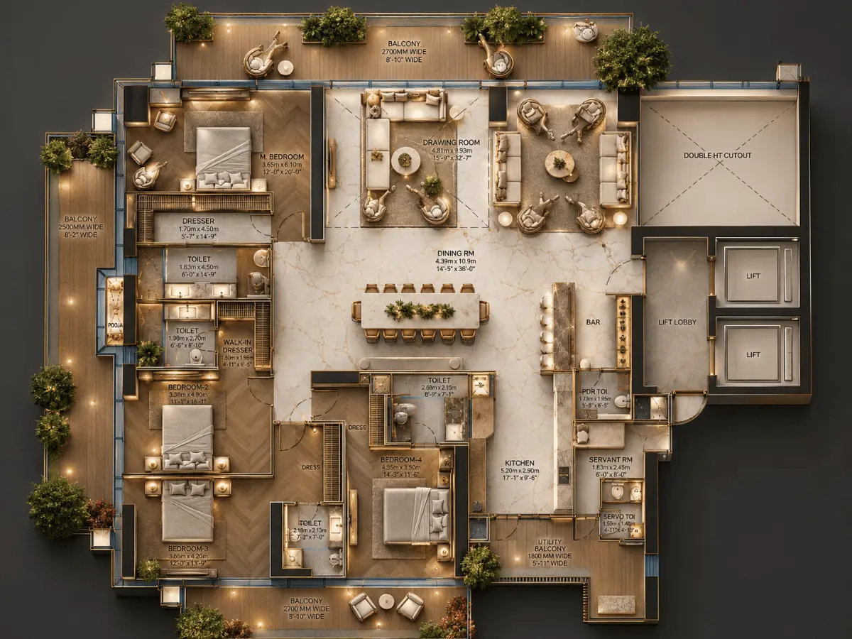 Trump Tower Noida 4 BHK floor plan layout — 4,925 sq ft with private lift lobby, spacious living-dining area, master bedroom suite with walk-in wardrobe, utility space | 2 units per floor | Sector 94