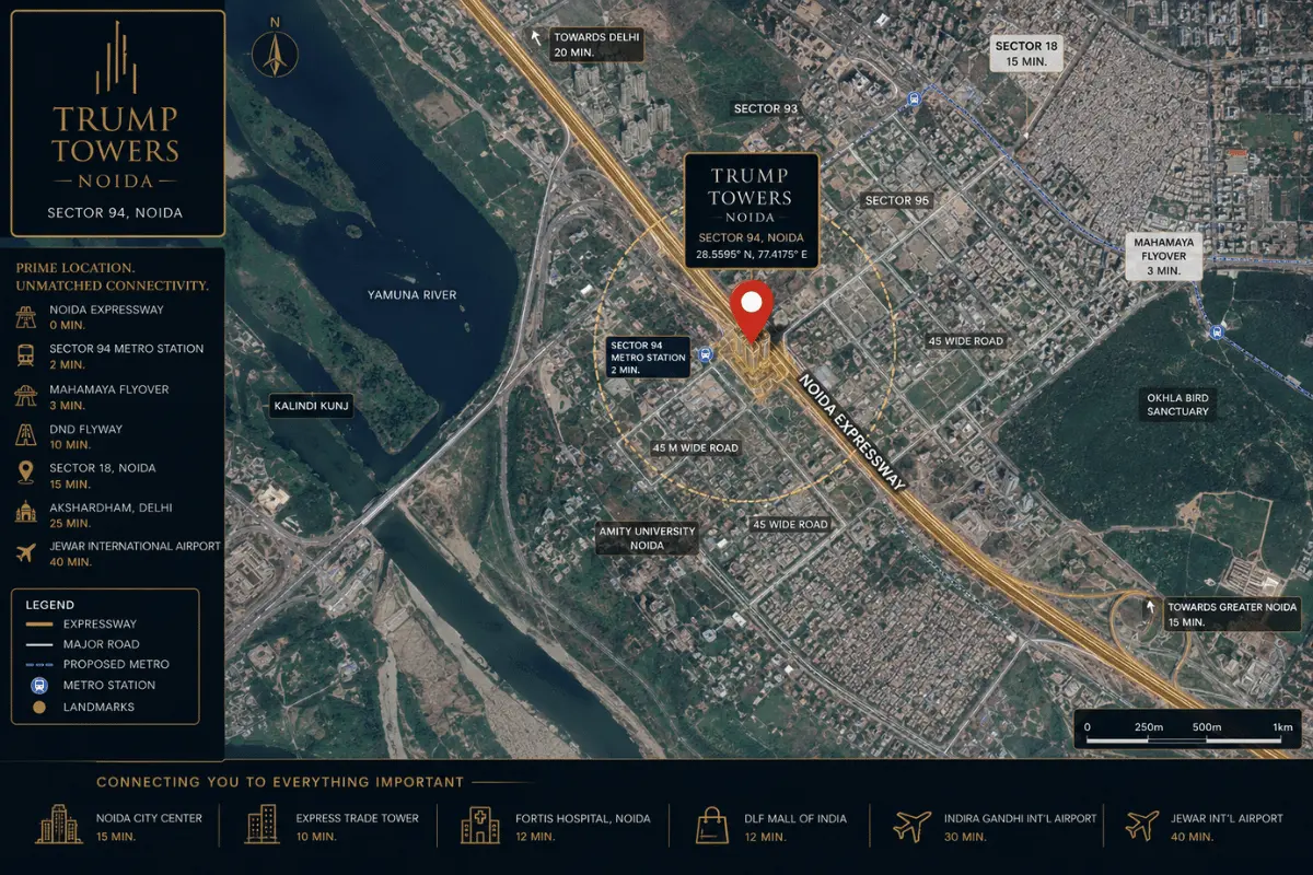 Trump Tower Noida Sector 94 location map — Direct Delhi DND Flyway connectivity (~10 minutes), Metro access (~5 min), Jewar Airport (~45 min) | M3M | Noida Expressway