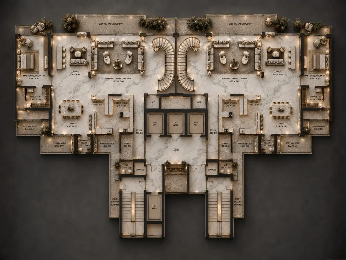 Trump Tower Noida Signature Penthouse floor plan — Sky-level residence with private terrace, plunge pool provision, panoramic 270° views of Noida skyline and Okhla Bird Sanctuary, one-of-a-kind luxury layout | Tribeca Partnership | M3M | Sector 94