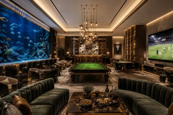 Grand clubhouse sports bar with aquarium at Trump Tower Noida luxury facility